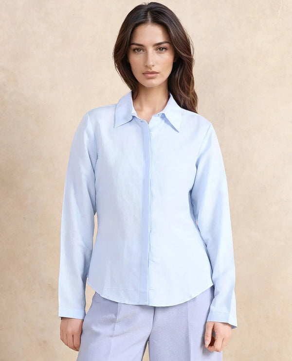 Rareism Women Appleby Blue Cuffed Sleeves Collared Neck Button Closure Plain Shirt