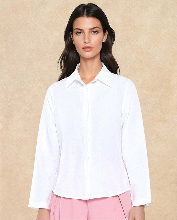 Rareism Women Appleby White Modal Linen Fabric Cuffed Sleeve Collared Neck Button Closure Plain Shirt