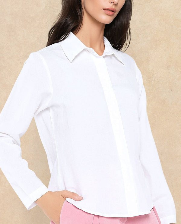 Rareism Women Appleby White Modal Linen Fabric Cuffed Sleeve Collared Neck Button Closure Plain Shirt