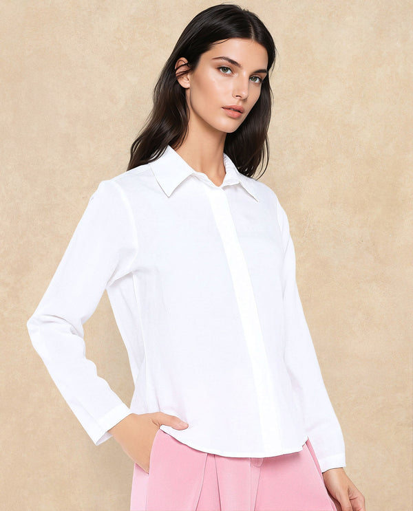 Rareism Women Appleby White Modal Linen Fabric Cuffed Sleeve Collared Neck Button Closure Plain Shirt