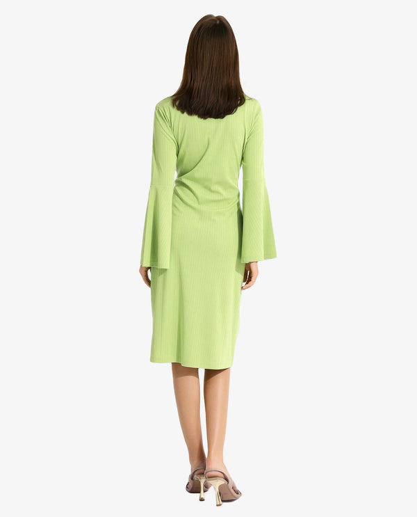Rareism Women's Aqua Flouroscent Green  Spread Collar Button Closure Bell Sleeve Plain A-Line Knee Length Dress