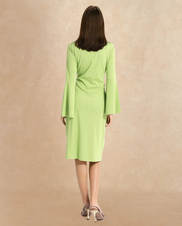 Rareism Women's Aqua Flouroscent Green  Spread Collar Button Closure Bell Sleeve Plain A-Line Knee Length Dress