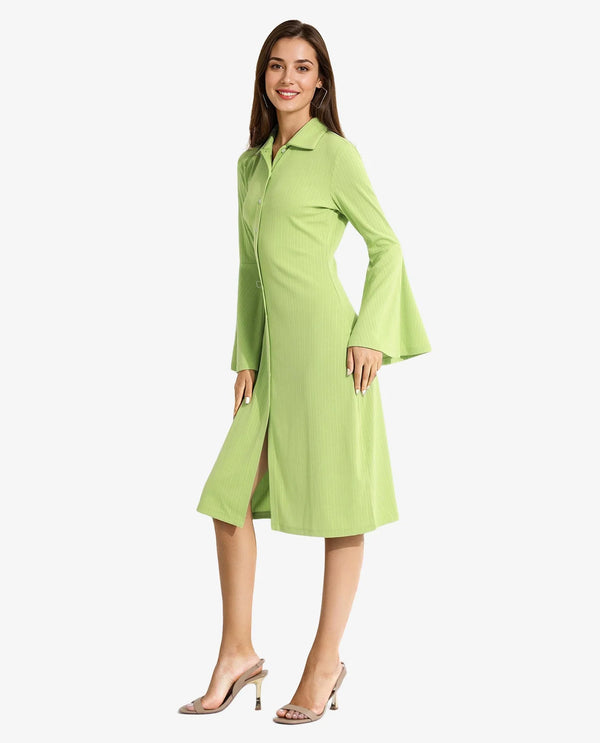 Rareism Women's Aqua Flouroscent Green  Spread Collar Button Closure Bell Sleeve Plain A-Line Knee Length Dress
