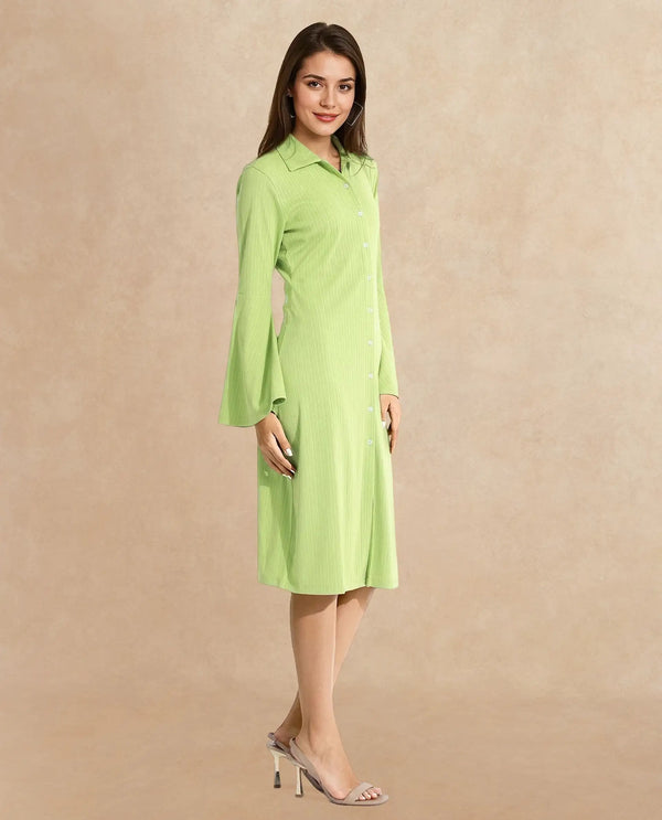 Rareism Women's Aqua Flouroscent Green  Spread Collar Button Closure Bell Sleeve Plain A-Line Knee Length Dress