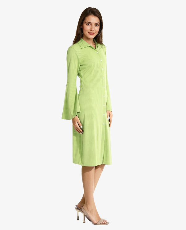 Rareism Women's Aqua Flouroscent Green  Spread Collar Button Closure Bell Sleeve Plain A-Line Knee Length Dress