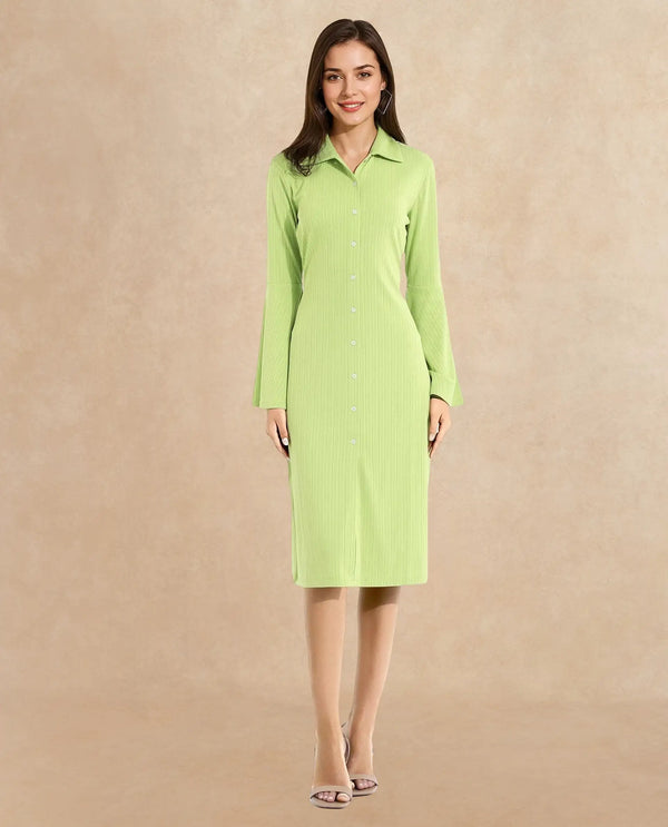Rareism Women's Aqua Flouroscent Green  Spread Collar Button Closure Bell Sleeve Plain A-Line Knee Length Dress