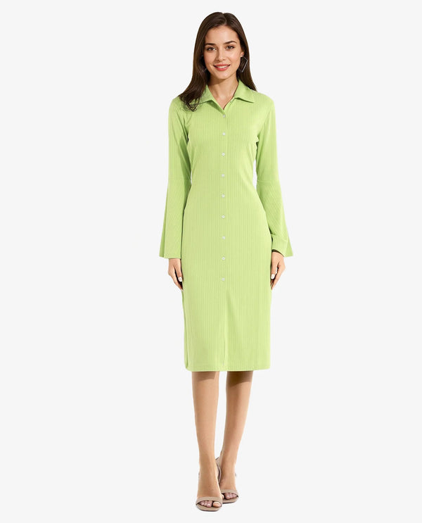 Rareism Women's Aqua Flouroscent Green  Spread Collar Button Closure Bell Sleeve Plain A-Line Knee Length Dress