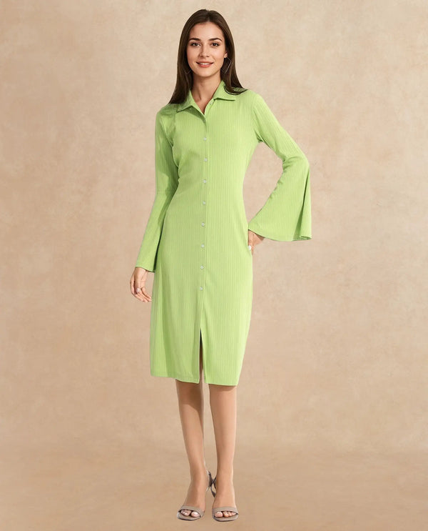 Rareism Women's Aqua Flouroscent Green  Spread Collar Button Closure Bell Sleeve Plain A-Line Knee Length Dress