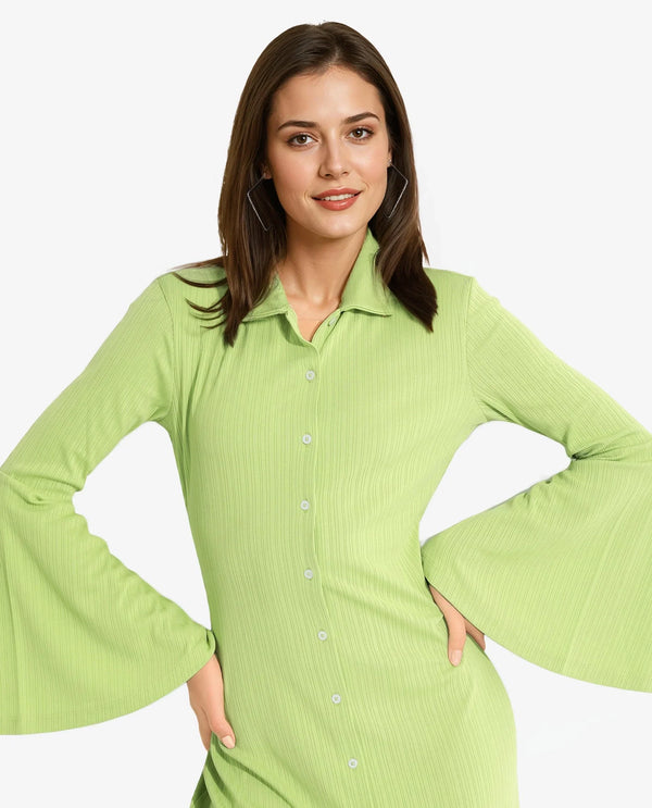 Rareism Women's Aqua Flouroscent Green  Spread Collar Button Closure Bell Sleeve Plain A-Line Knee Length Dress