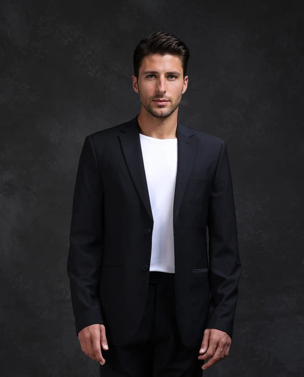 Rare Rabbit Men Arlo-B Black Wool Lapel Neck Button And Zip Closure Plain Suits