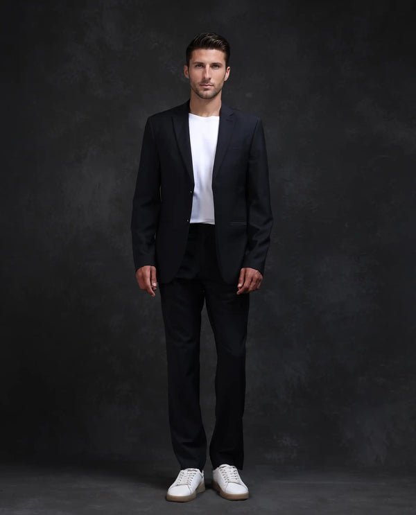 Rare Rabbit Men Arlo-B Black Wool Lapel Neck Button And Zip Closure Plain Suits