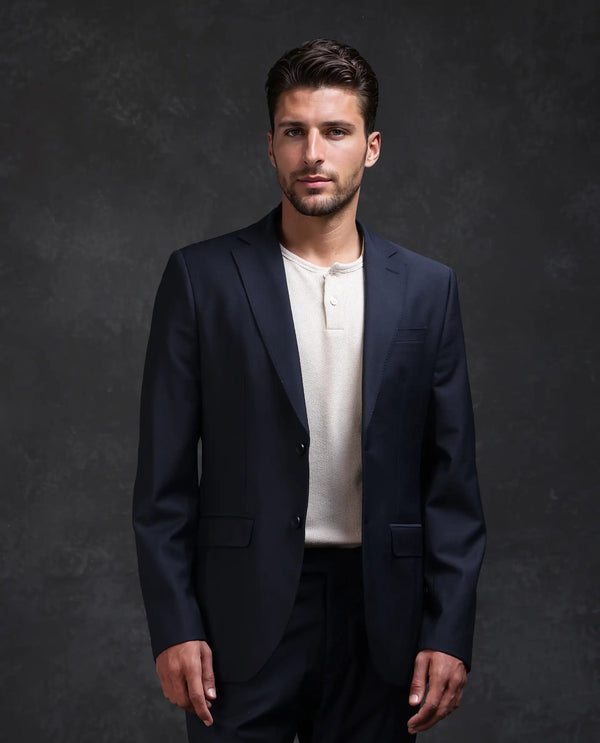 Rare Rabbit Men Arbo-B Navy Polyester Lapel Neck Button And Zip Closure Plain Suits