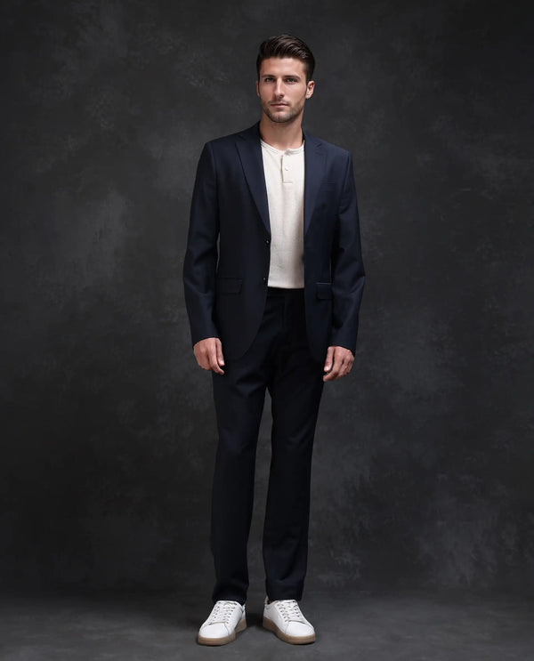 Rare Rabbit Men Arbo-B Navy Polyester Lapel Neck Button And Zip Closure Plain Suits