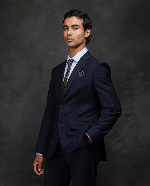 Rare Rabbit Men Arbo-B Navy Polyester Lapel Neck Button And Zip Closure Plain Suits