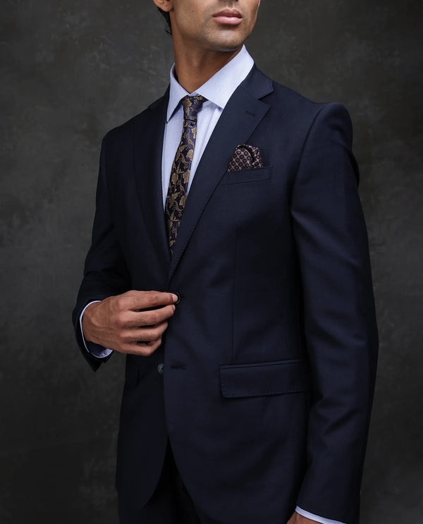 Rare Rabbit Men Arbo-B Navy Polyester Lapel Neck Button And Zip Closure Plain Suits