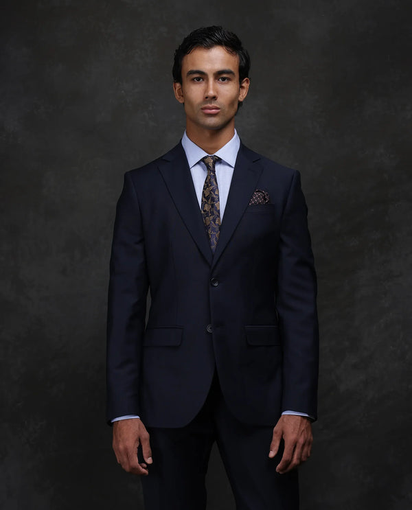 Rare Rabbit Men Arbo-B Navy Polyester Lapel Neck Button And Zip Closure Plain Suits