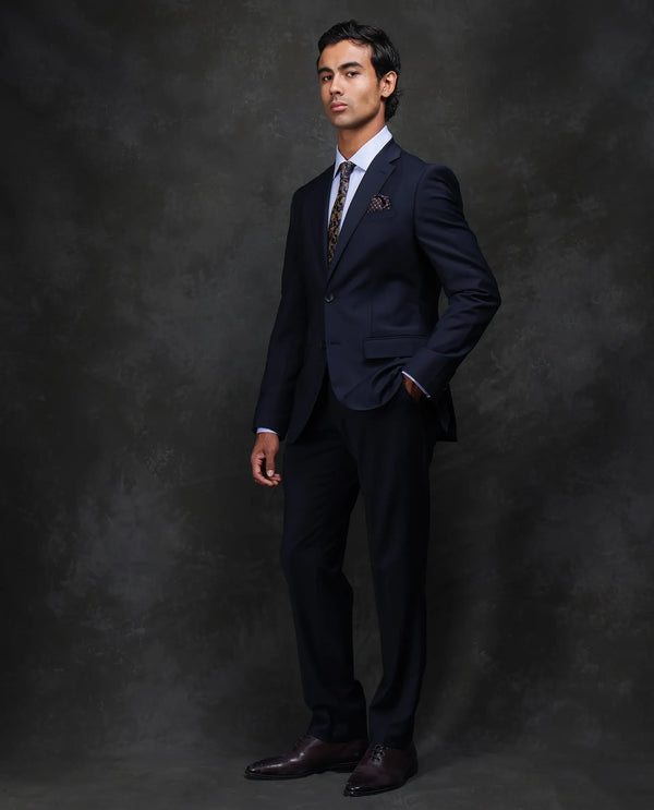 Rare Rabbit Men Arbo-B Navy Polyester Lapel Neck Button And Zip Closure Plain Suits