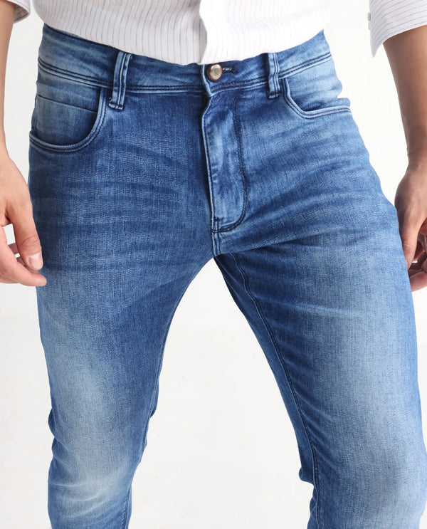 Rare Rabbit Men's Arbok Blue Mid Wash Mid Rise Slim Fit Jeans
