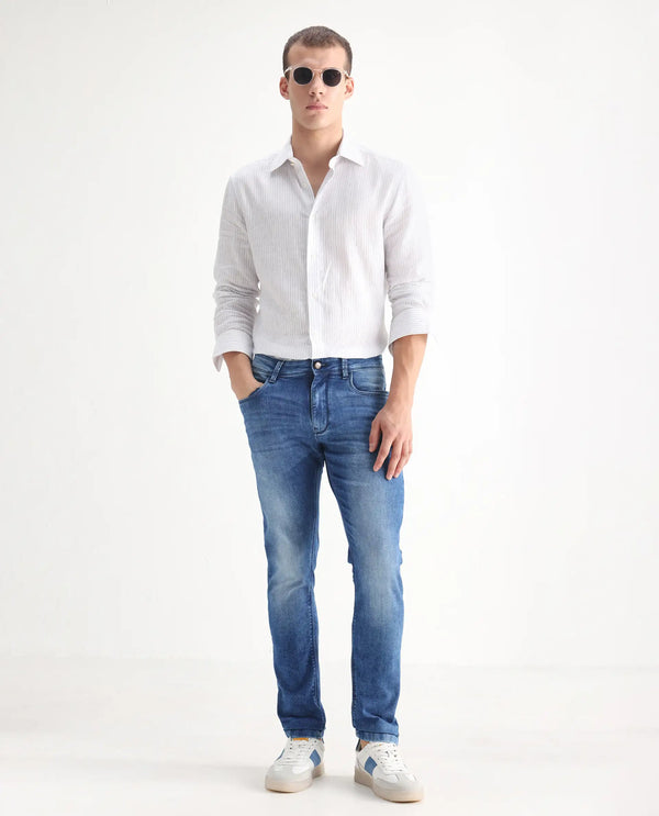 Rare Rabbit Men's Arbok Blue Mid Wash Mid Rise Slim Fit Jeans