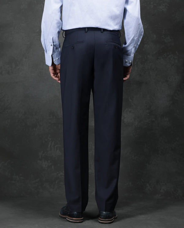 Rare Rabbit Men Arbo Navy Wool Button Closure Regualr Fit Plain Trouser