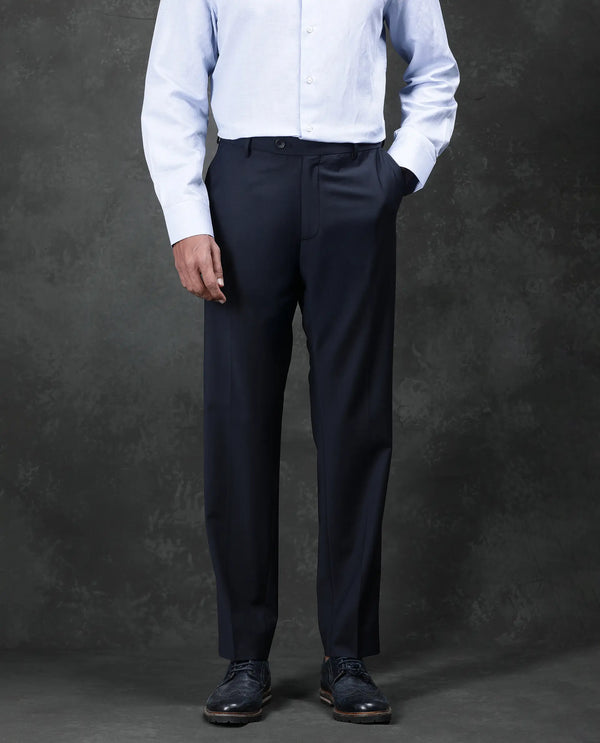 Rare Rabbit Men Arbo Navy Wool Button Closure Regualr Fit Plain Trouser