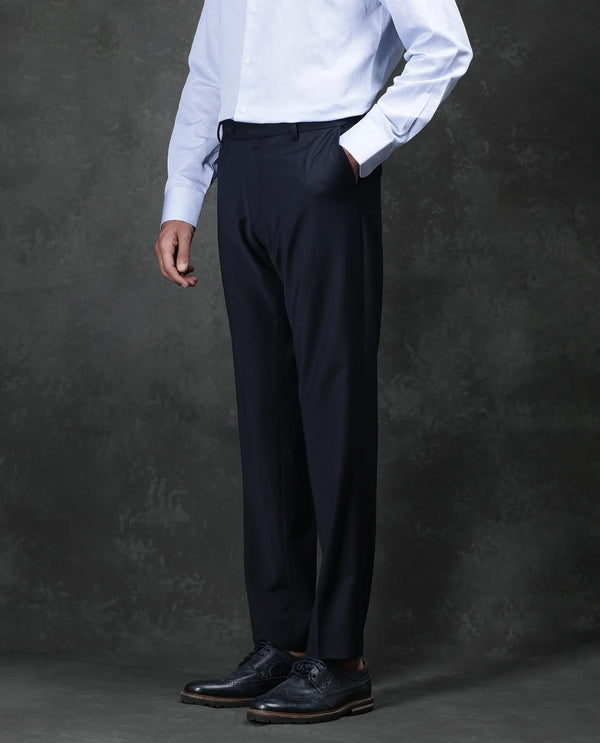 Rare Rabbit Men Arbo Navy Wool Button Closure Regualr Fit Plain Trouser