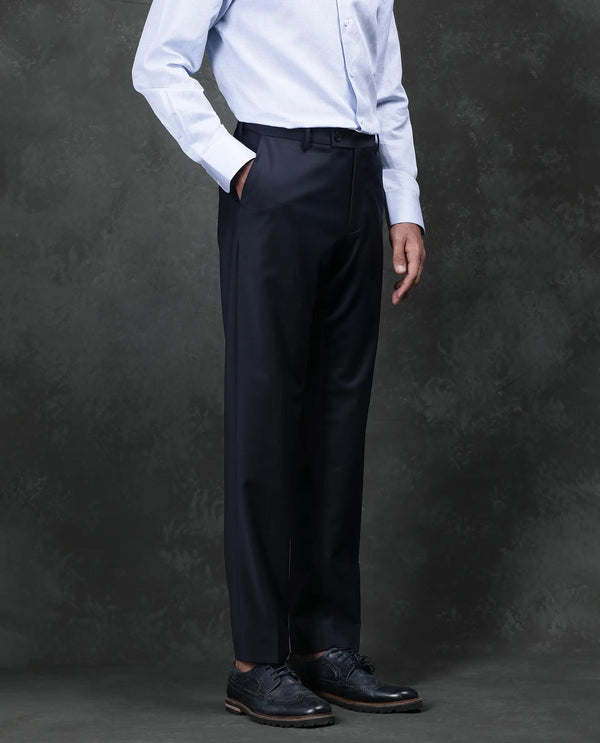 Rare Rabbit Men Arbo Navy Wool Button Closure Regualr Fit Plain Trouser