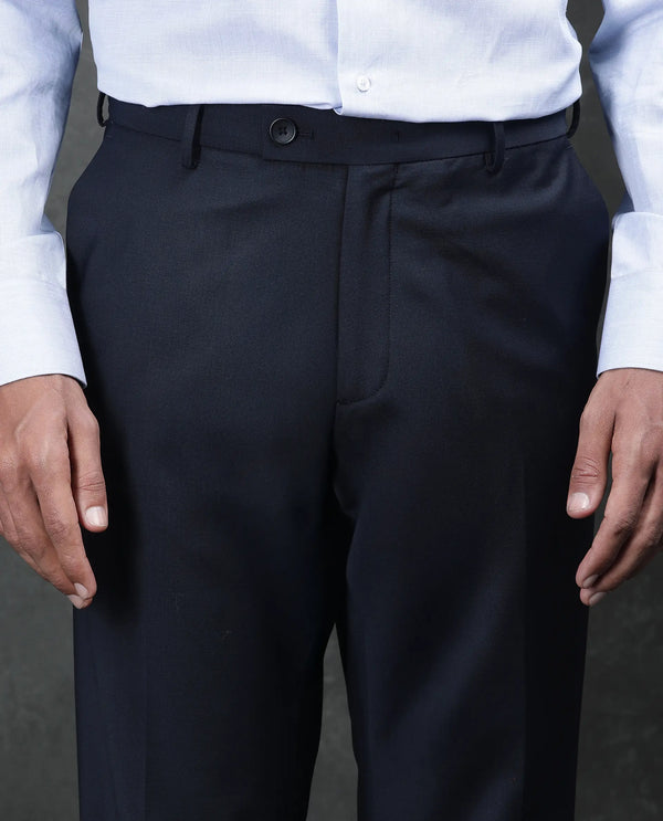 Rare Rabbit Men Arbo Navy Wool Button Closure Regualr Fit Plain Trouser