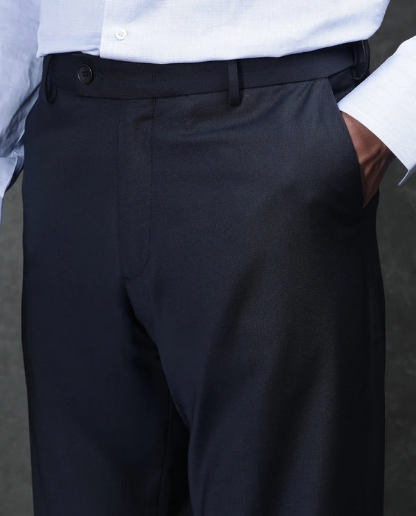 Rare Rabbit Men Arbo Navy Wool Button Closure Regualr Fit Plain Trouser