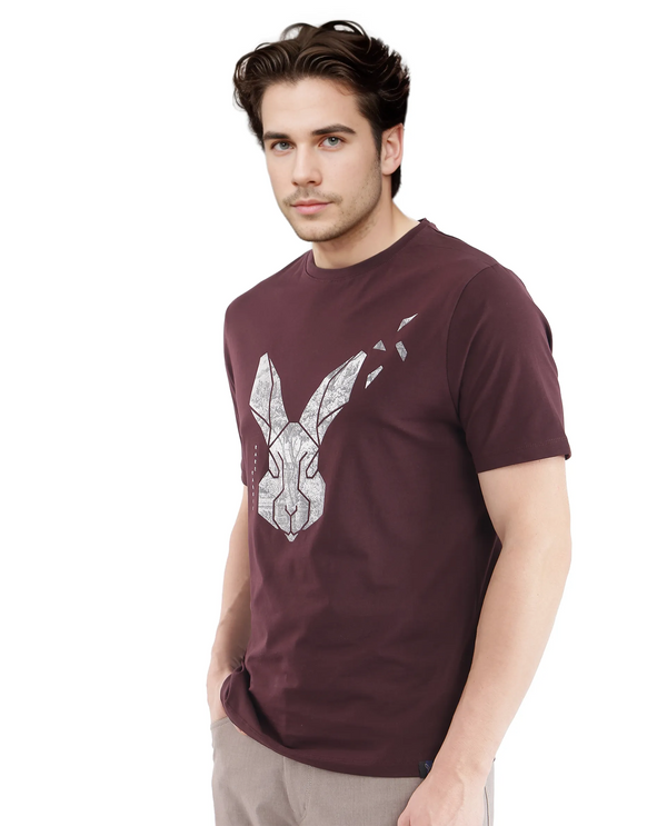 Rare Rabbit Men's Arbor-1 Maroon Cotton Lycra Fabric Short Sleeve Crew Neck Graphic Print T-Shirt