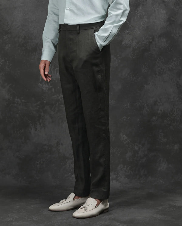 Rare Rabbit Men Arcelo-2 Olive Linen Mid Rise Regular Fit Solid Trousers