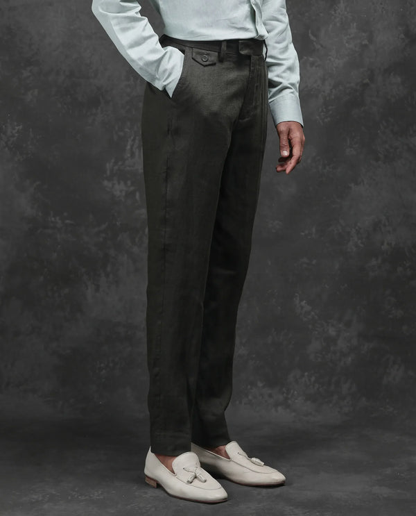 Rare Rabbit Men Arcelo-2 Olive Linen Mid Rise Regular Fit Solid Trousers