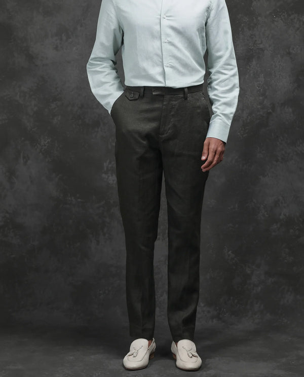 Rare Rabbit Men Arcelo-2 Olive Linen Mid Rise Regular Fit Solid Trousers