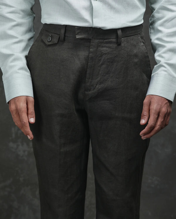 Rare Rabbit Men Arcelo-2 Olive Linen Mid Rise Regular Fit Solid Trousers