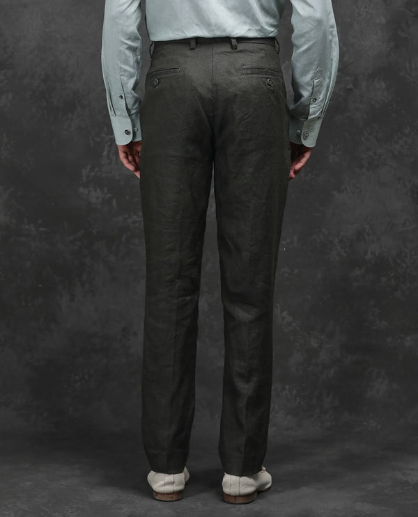 Rare Rabbit Men Arcelo-2 Olive Linen Mid Rise Regular Fit Solid Trousers