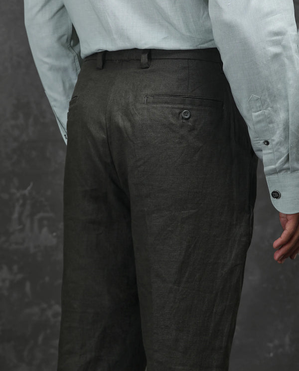 Rare Rabbit Men Arcelo-2 Olive Linen Mid Rise Regular Fit Solid Trousers