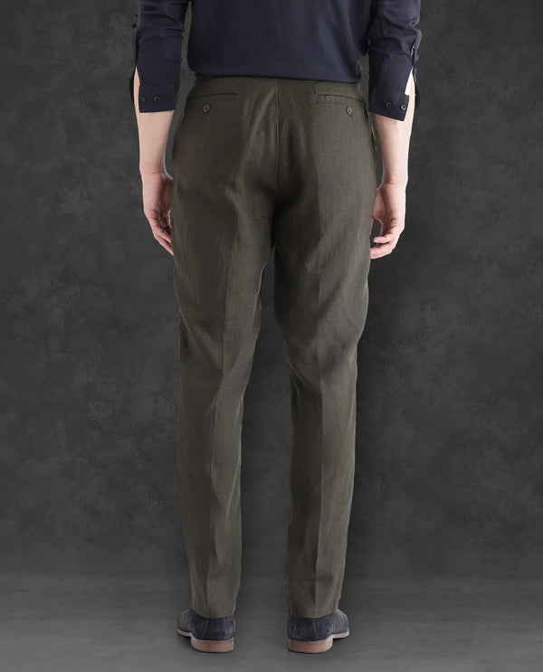 Rare Rabbit Men Arcelo-2 Olive Linen Mid Rise Regular Fit Solid Trousers
