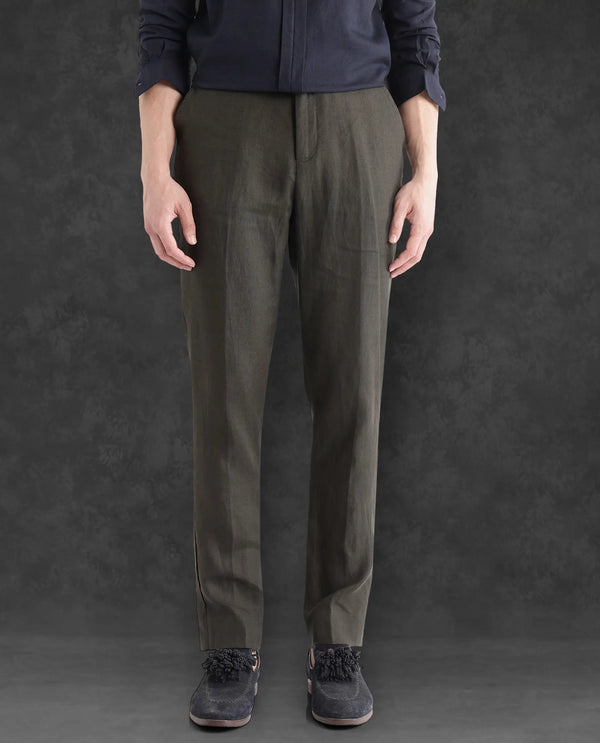 Rare Rabbit Men Arcelo-2 Olive Linen Mid Rise Regular Fit Solid Trousers