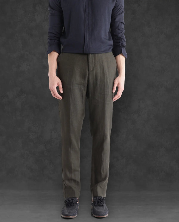 Rare Rabbit Men Arcelo-2 Olive Linen Mid Rise Regular Fit Solid Trousers