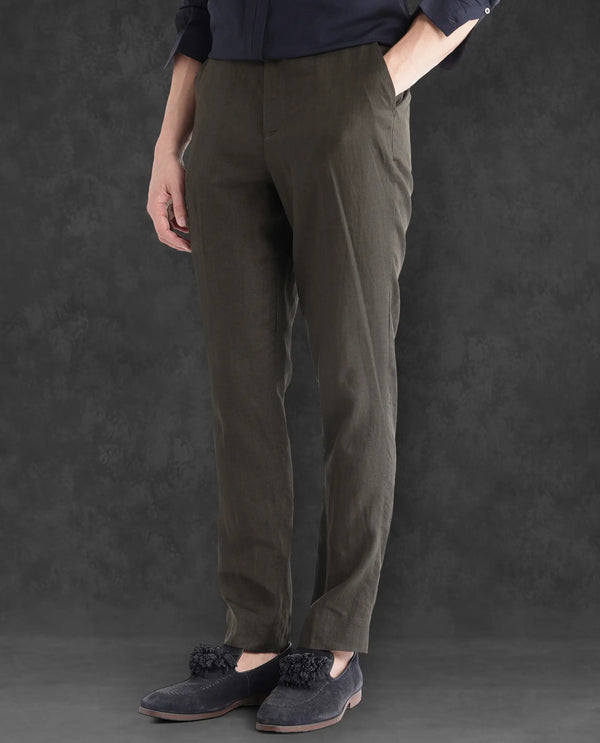 Rare Rabbit Men Arcelo-2 Olive Linen Mid Rise Regular Fit Solid Trousers