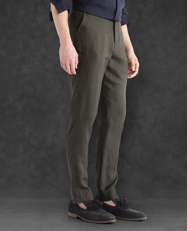 Rare Rabbit Men Arcelo-2 Olive Linen Mid Rise Regular Fit Solid Trousers