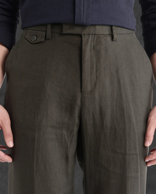 Rare Rabbit Men Arcelo-2 Olive Linen Mid Rise Regular Fit Solid Trousers