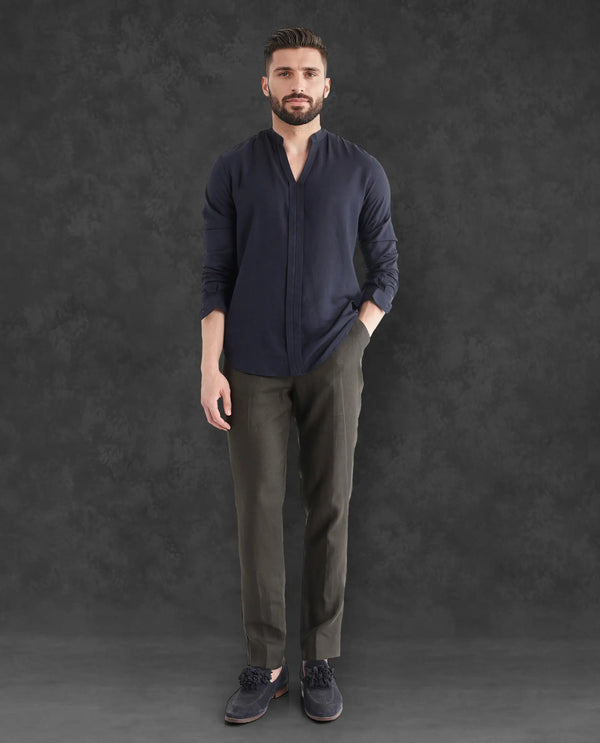 Rare Rabbit Men Arcelo-2 Olive Linen Mid Rise Regular Fit Solid Trousers