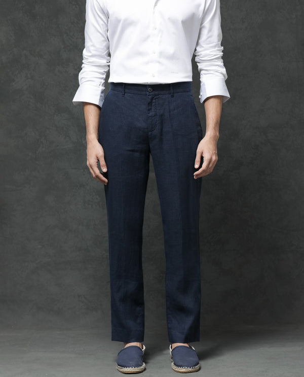 Rare Rabbit Mens Arcelo Navy Linen Solid Color Trouser