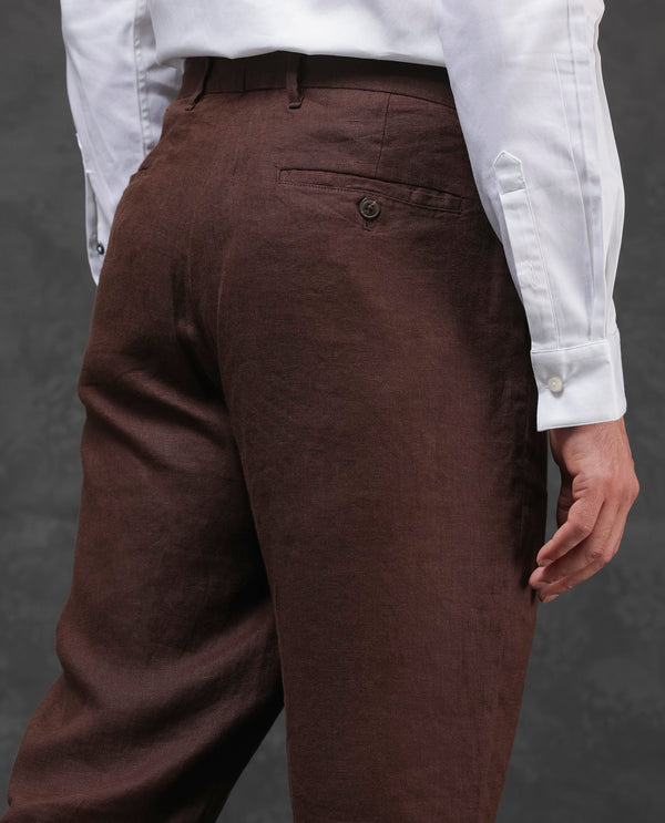 Rare Rabbit Mens Arcelo Brown Linen Mid Rise Regular Fit Solid Trousers