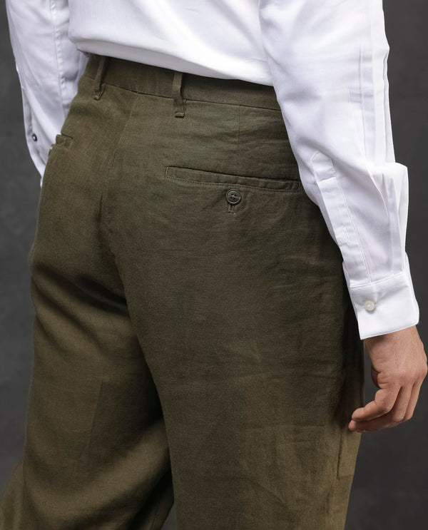 Rare Rabbit Mens Arcelo Olive Linen Mid Rise Regular Fit Solid Trousers