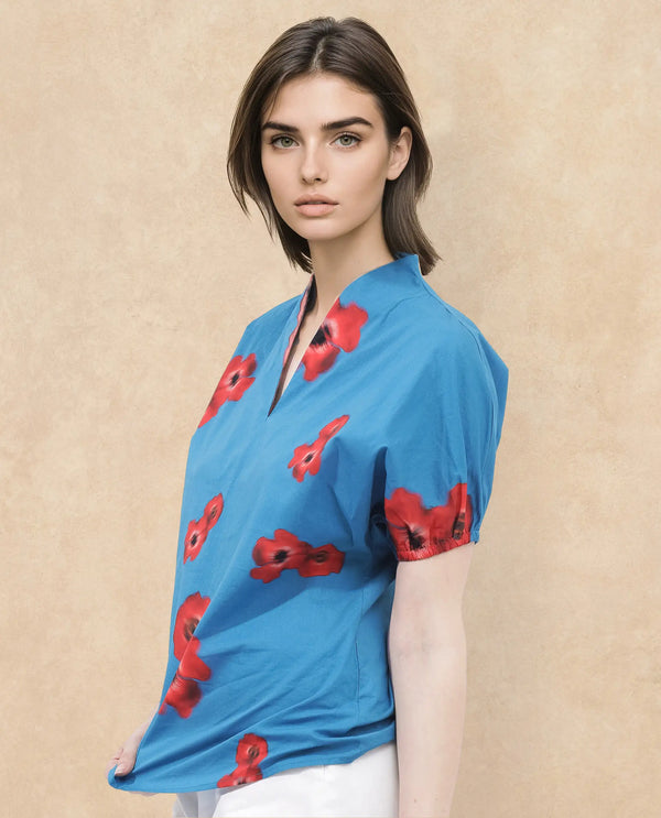 Rareism Women Archies Blue Cotton Fabric Short Sleeves V-Neck Floral Print Regular Fit Top