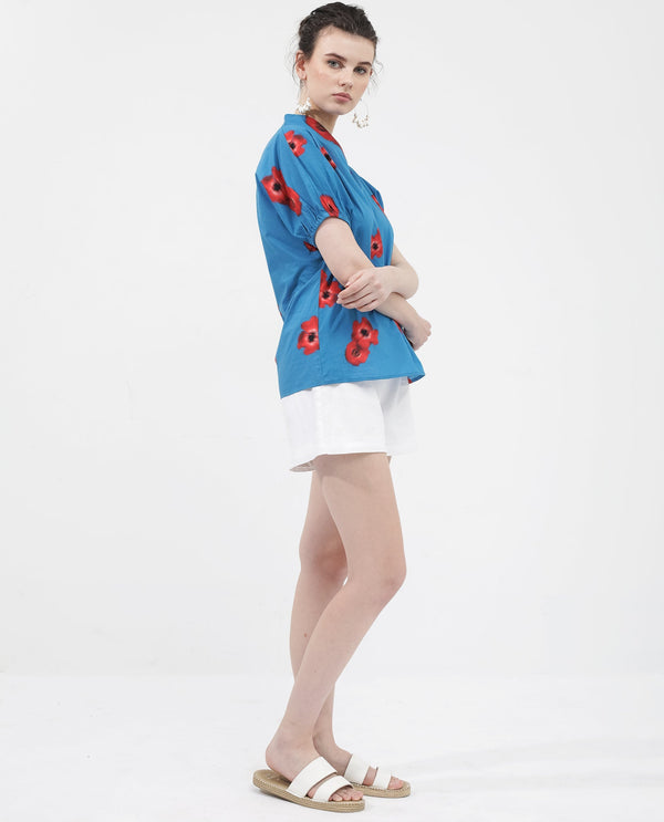 Rareism Women'S Archies Blue Cotton Fabric Short Sleeves V-Neck Floral Print Regular Fit Top