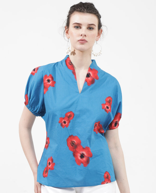 Rareism Women'S Archies Blue Cotton Fabric Short Sleeves V-Neck Floral Print Regular Fit Top