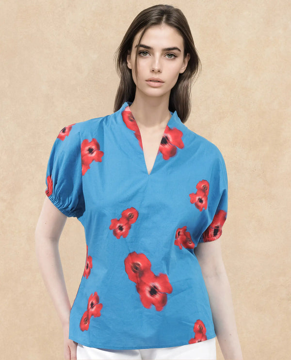Rareism Women Archies Blue Cotton Fabric Short Sleeves V-Neck Floral Print Regular Fit Top